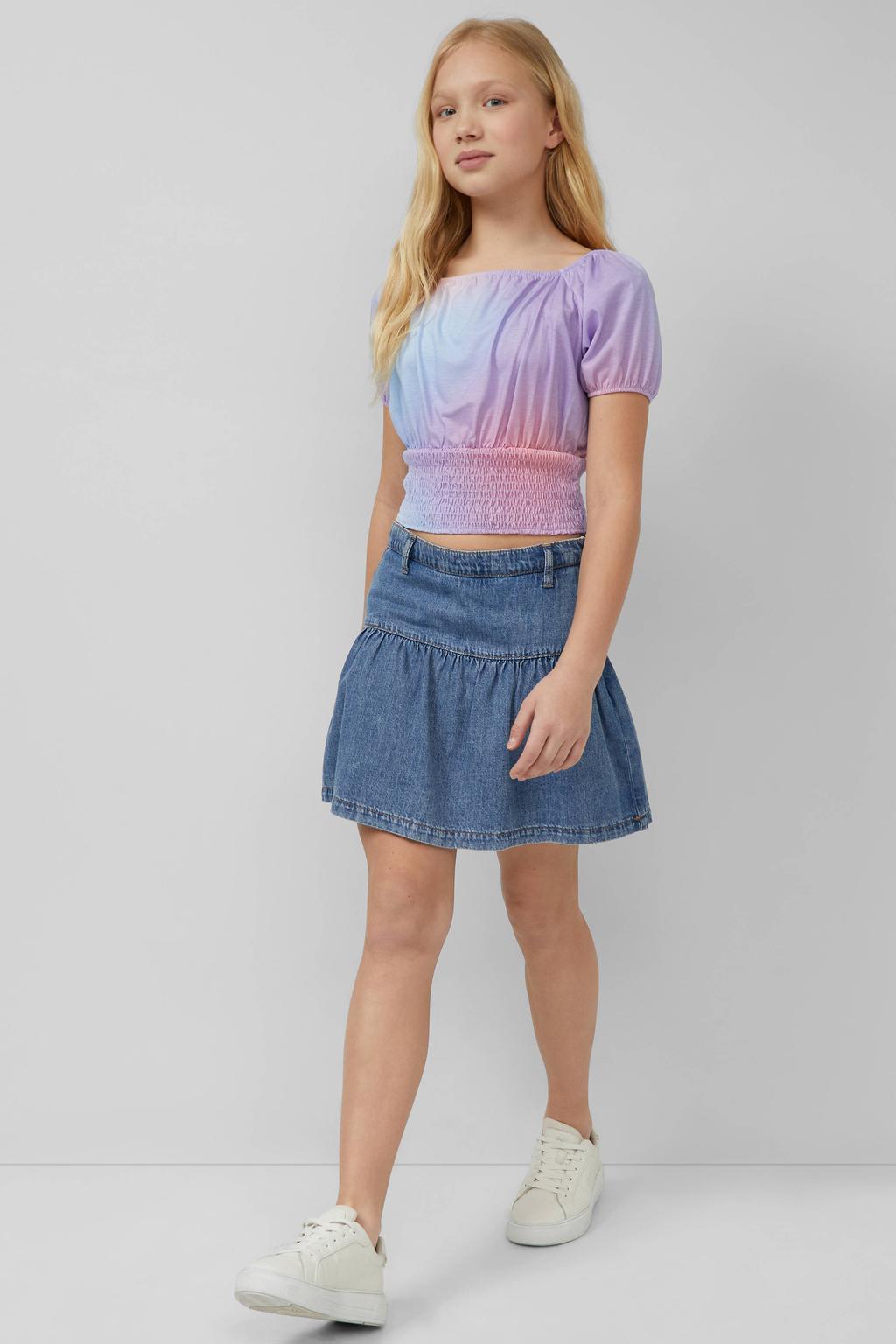 Lila, lichtblauw en roze meisjes s.Oliver blousetop van polyester met tie-dye effect, korte mouwen, off shoulder hals en smockwerk