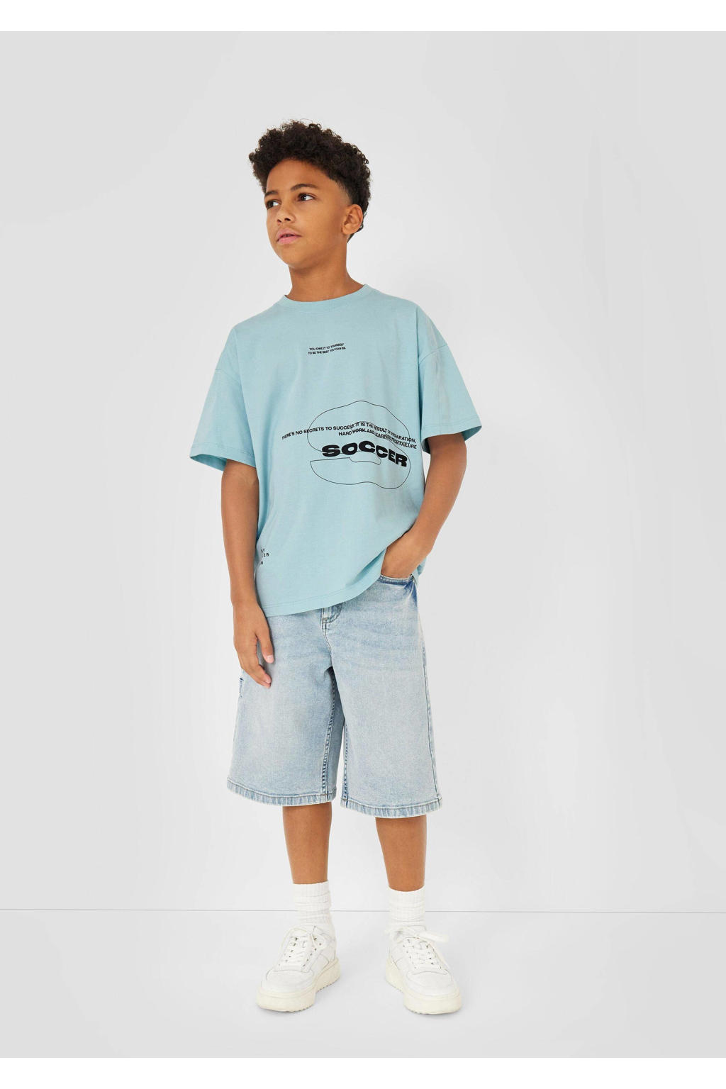 Lichtblauwe jongens s.Oliver T-shirt van katoen met tekst print, korte mouwen en ronde hals