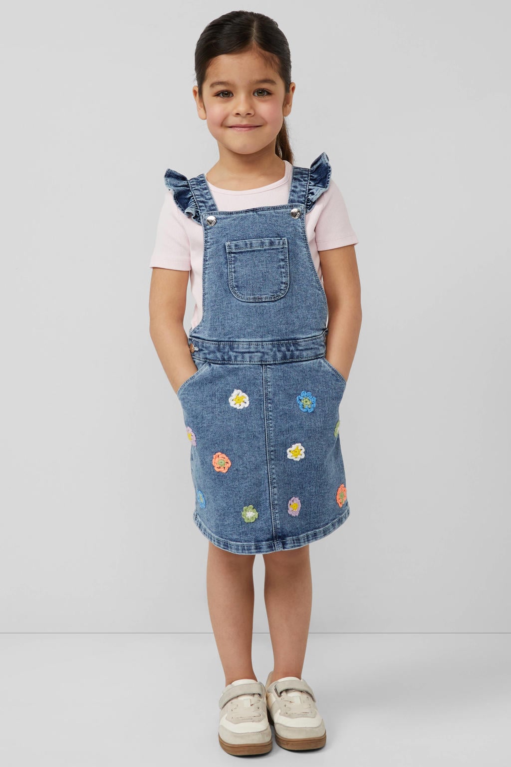 Medium blue denim meisjes s.Oliver spijkerjurk van katoen met effen en vierkante hals