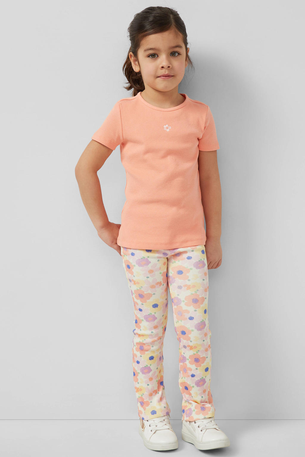 Ecru, roze en gele meisjes s.Oliver gebloemde legging rib gebreid van stretchkatoen met elastische tailleband