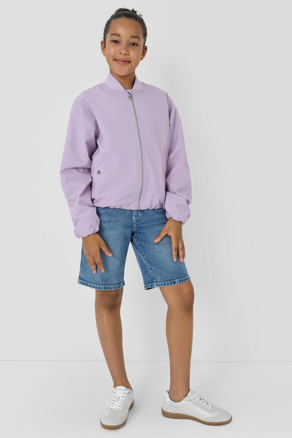 Lilakleurige meisjes s.Oliver bomberjack van polyester met effen, lange mouwen, ronde hals, ritssluiting en elastische boord