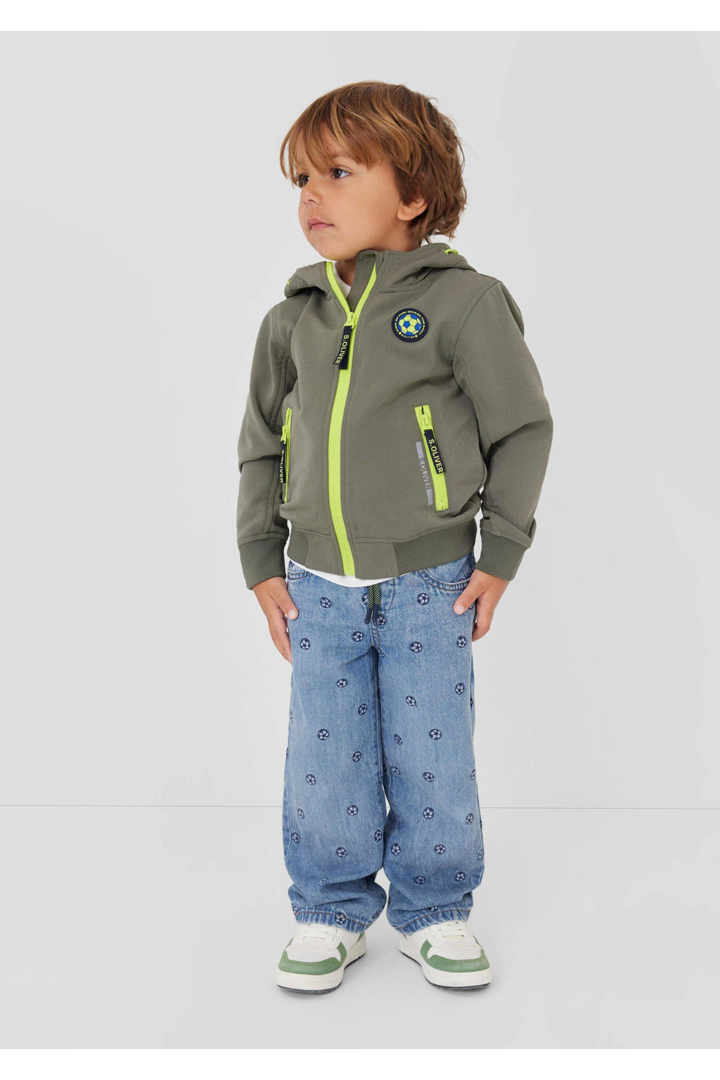 Grijsgroen, grijs en limegroene jongens s.Oliver tussenjas groen van polyester met effen, lange mouwen, capuchon, ritssluiting en contrast stiksels