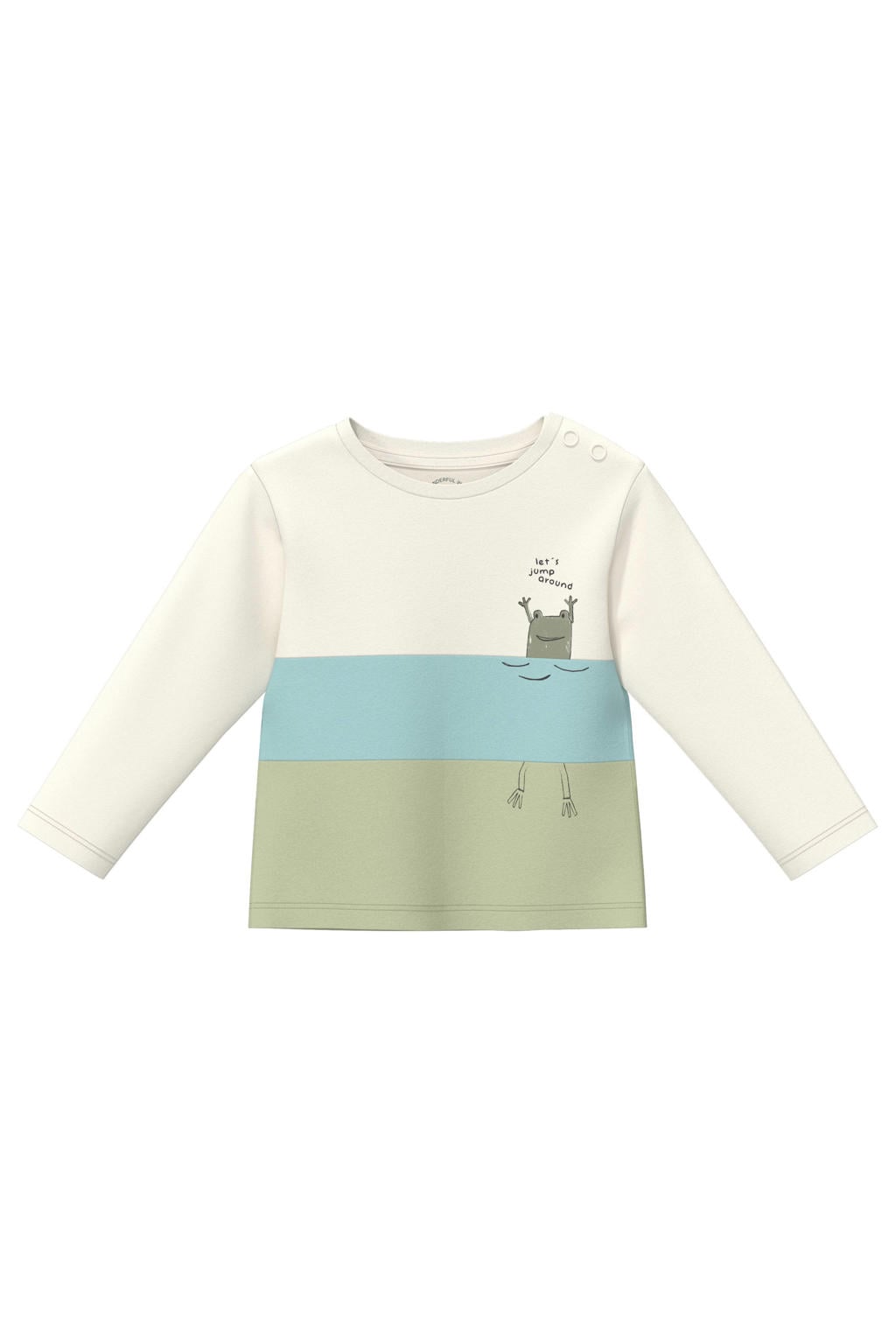 Ecru, lichtblauw en lichtgroene jongens s.Oliver T-shirt van katoen met meerkleurige print, lange mouwen, ronde hals en drukknoopsluiting