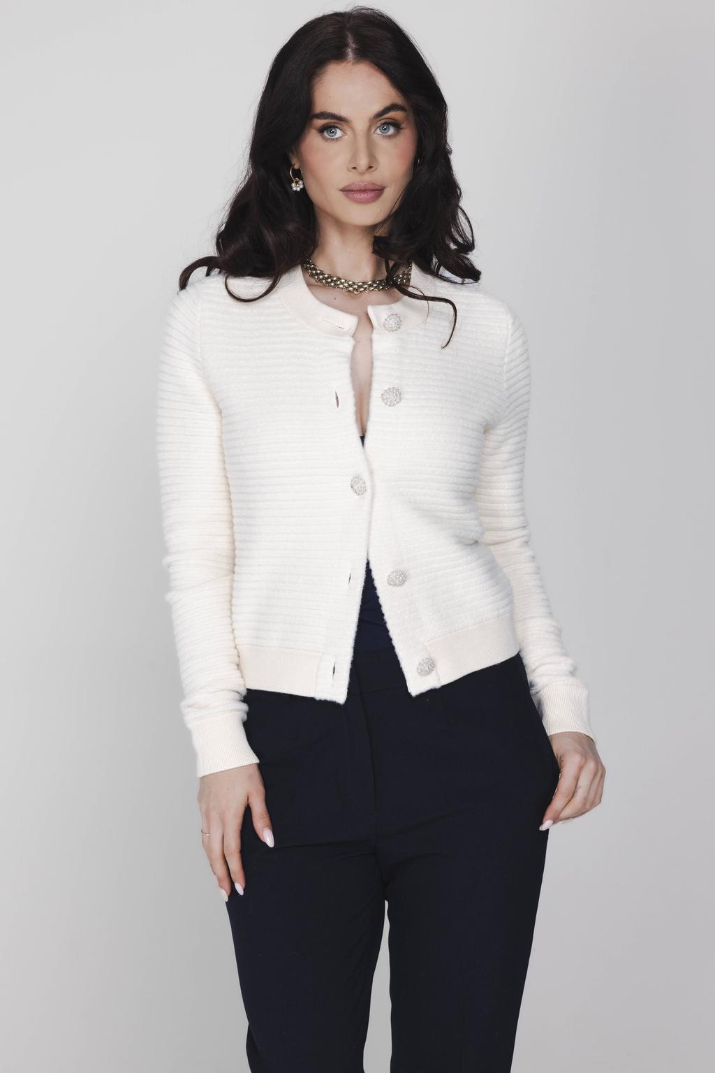 Ecru dames Accentil gebreid vest van nylon met effen, lange mouwen, ronde hals, knoopsluiting en sierknopen