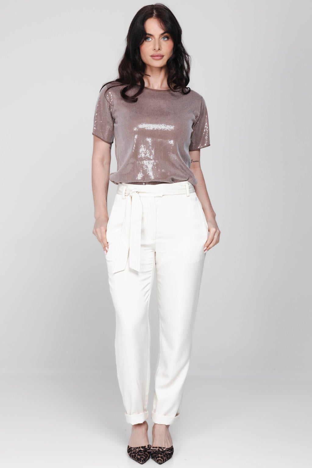 Donkerblauwe dames Accentil T-shirt van lyocell met effen, korte mouwen, ronde hals en pailletten