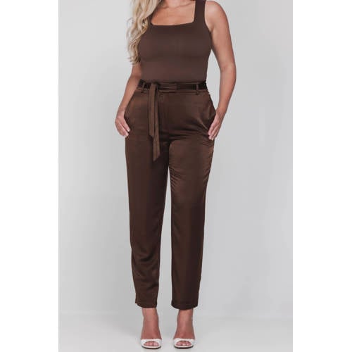 Accentil satijnen regular high waist pantalon donkerbruin afbeelding
