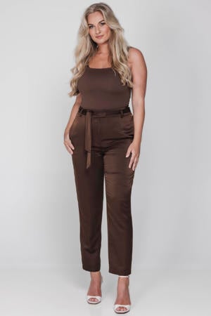 satijnen regular high waist pantalon donkerbruin