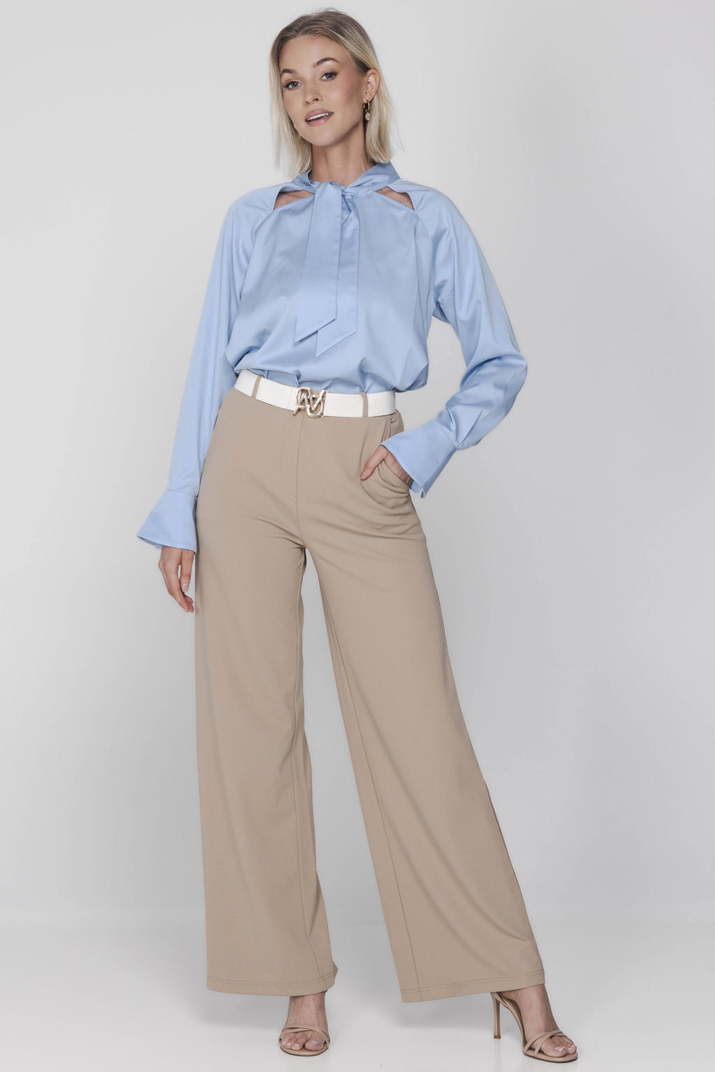 Zandkleurige dames Accentil wide leg high waist casual broek van lyocell met effen