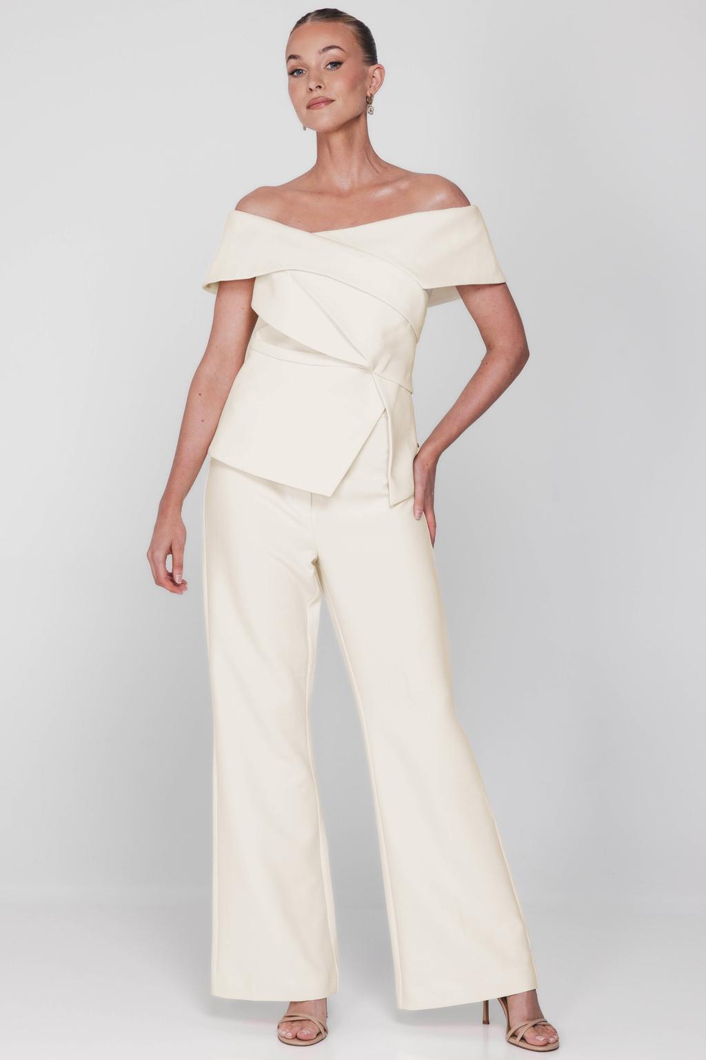 Ecru dames Accentil wide leg high waist pantalon met haaksluiting en effen