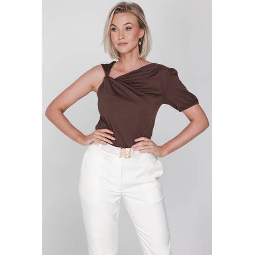 Accentil jersey asymmetrische top donkerbruin afbeelding