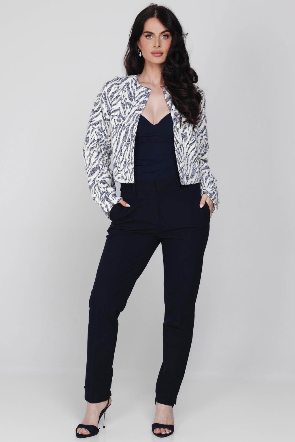 Blauw en witte dames Accentil jasje van katoen met lange mouwen, reverskraag, knoopsluiting en jacquard