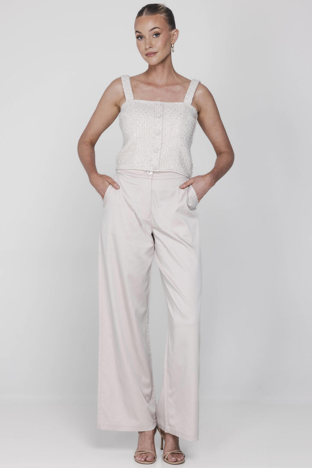 Beige dames Accentil mouwloze top met effen, vierkante hals, elastische inzet en pailletten