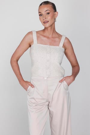 mouwloze top met wol beige met pailletten