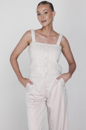 mouwloze top met wol beige met pailletten