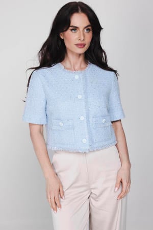 cropped blazer met wol lichtblauw met pailletten
