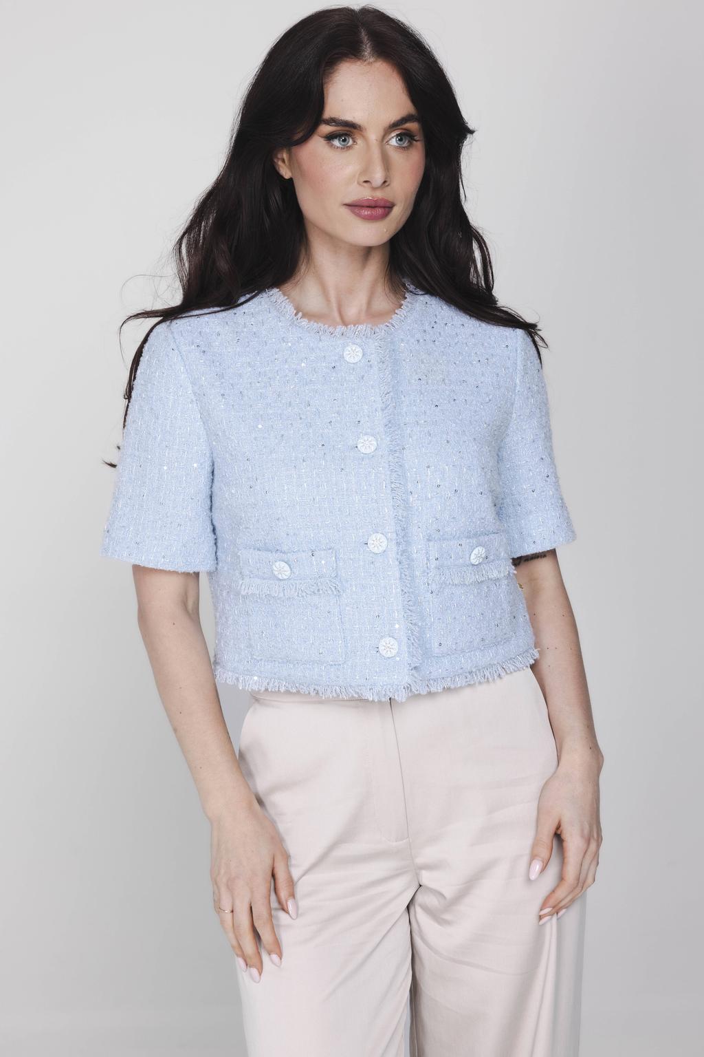 Lichtblauwe dames Accentil cropped blazer van wol met effen, korte mouwen, ronde hals, knoopsluiting en pailletten