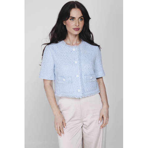 Accentil cropped blazer met wol lichtblauw met pailletten afbeelding