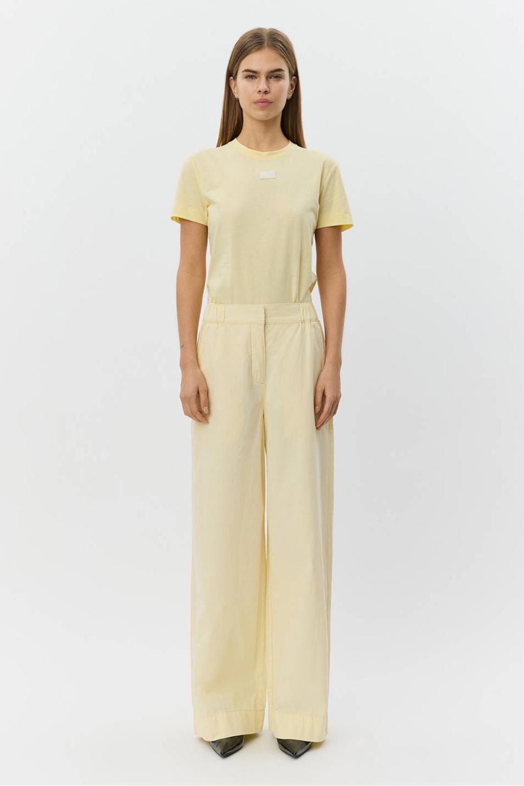 Lichtgele dames Sofie Schnoor wide leg high waist broek van katoen met rits, haak- en knoopsluiting en effen