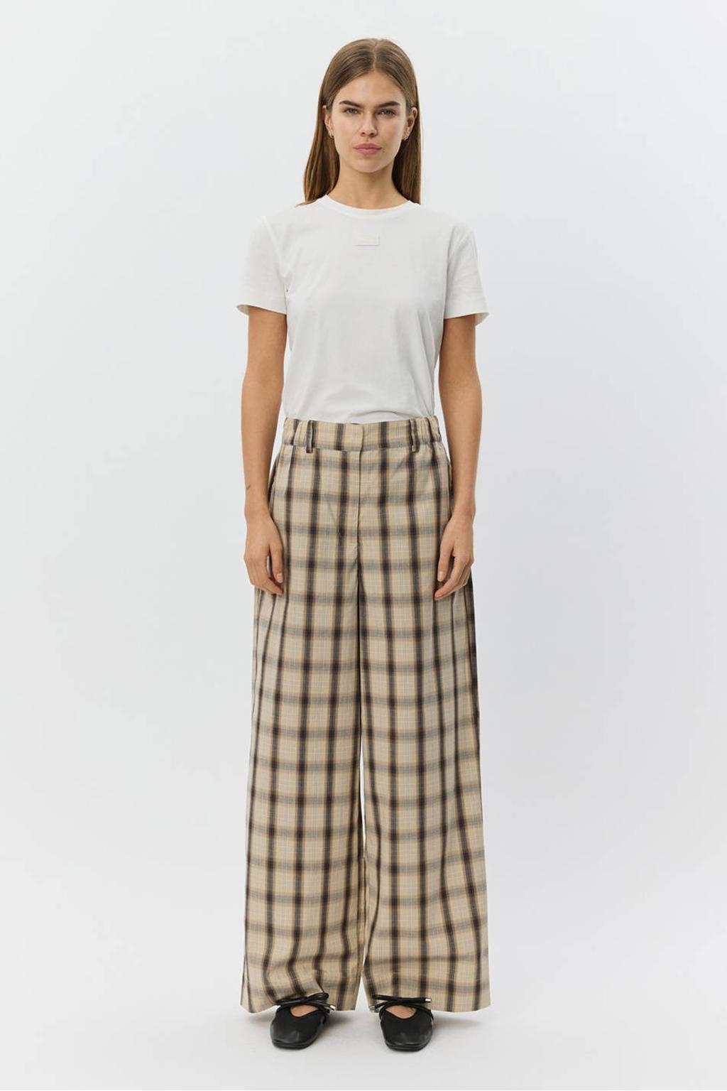 Grijs, bruin en blauwe dames Sofie Schnoor wide leg high waist geruite broek bruin met rits, haak- en knoopsluiting