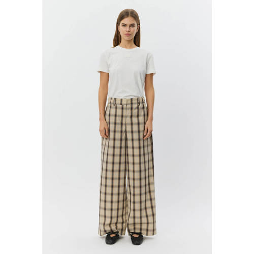 Sofie Schnoor wide leg high waist geruite broek grijsbruin afbeelding