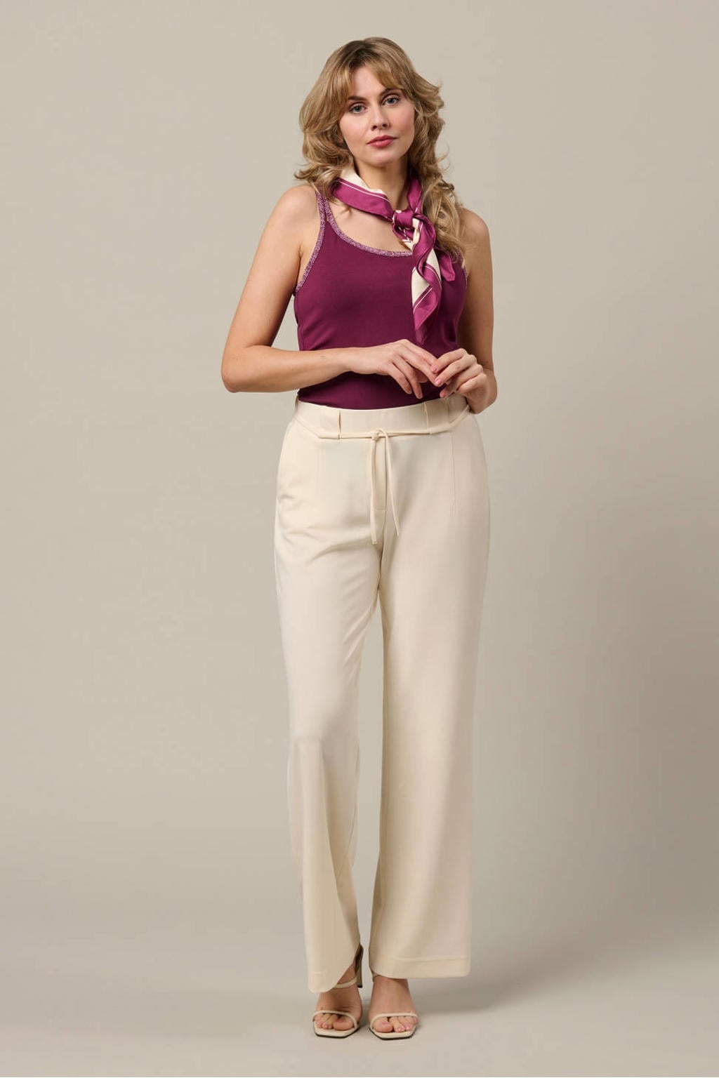 Ecru dames &Co Woman straight regular waist broek van polyester met elastische tailleband en effen
