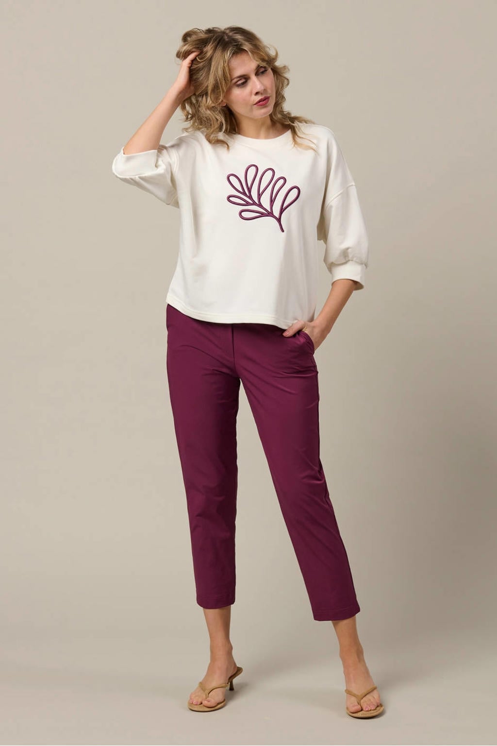 Ecru dames &Co Woman sweater van katoen met effen, driekwart mouwen, ronde hals en borduursels