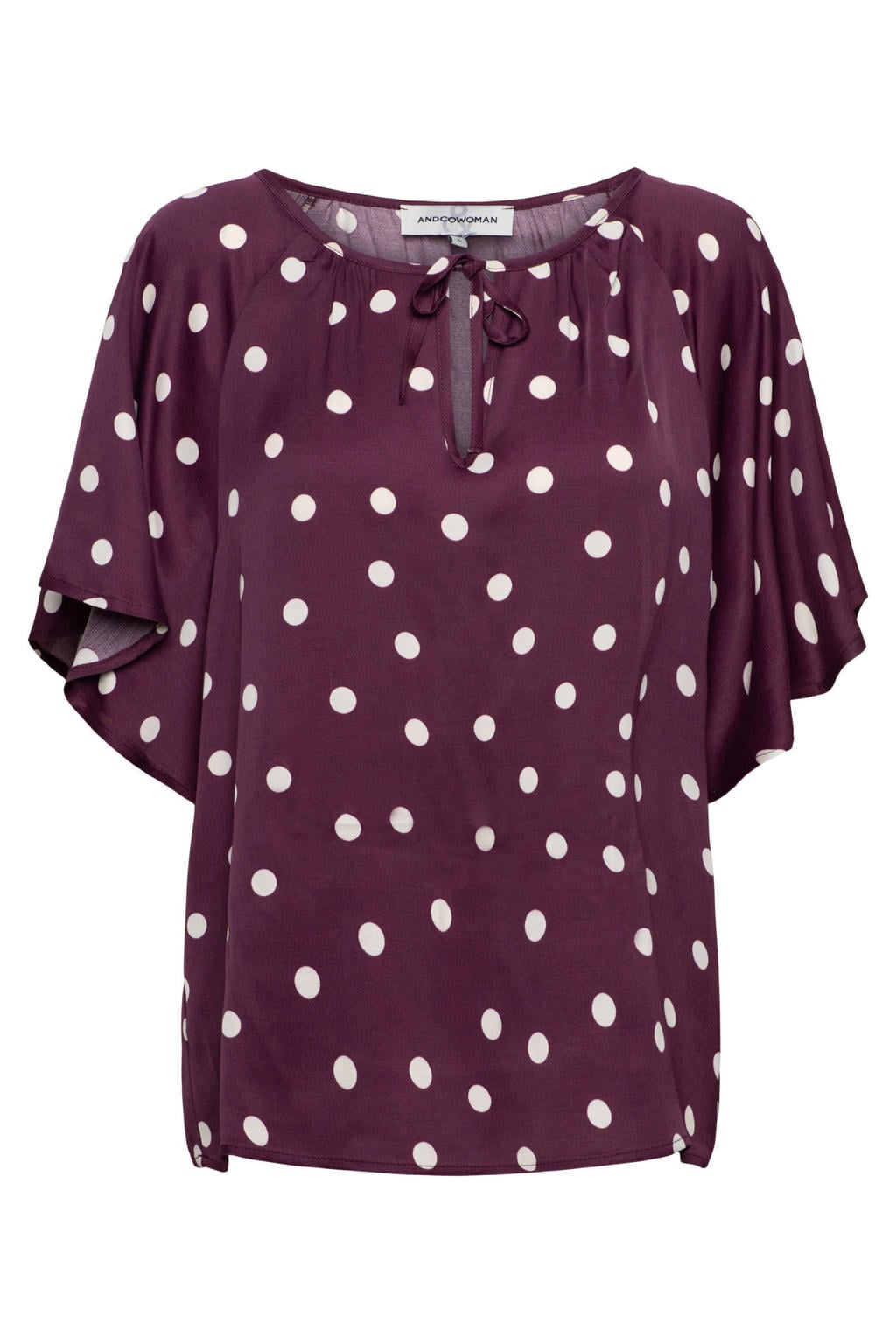 Donkerrode dames &Co Woman top van viscose met stippenprint, korte mouwen en strikkraag