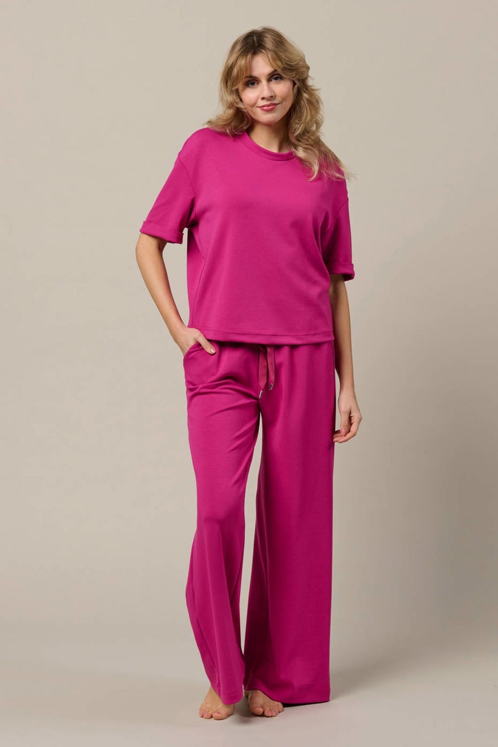 Fuchsia dames &Co Woman top van viscose met effen, korte mouwen en ronde hals