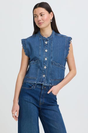 denim gilet met ruches - mediumblauw
