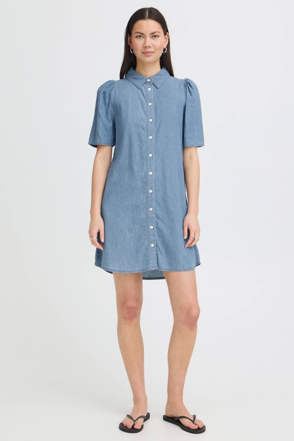 Light blue denim dames ICHI korte jurk van denim met effen, korte mouwen, klassieke kraag en knoopsluiting