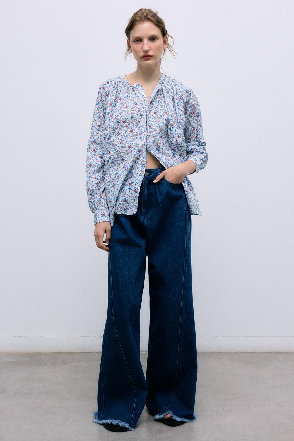 Dark blue denim dames The New Society high waist wide leg jeans dark blue van denim met rits- en knoopsluiting en effen
