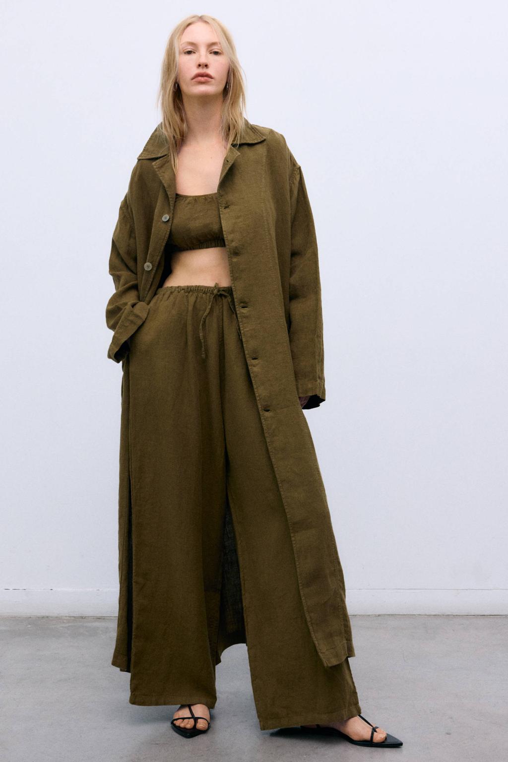 dames The New Society wide leg regular waist broek van linnen met elastische tailleband met koord en effen