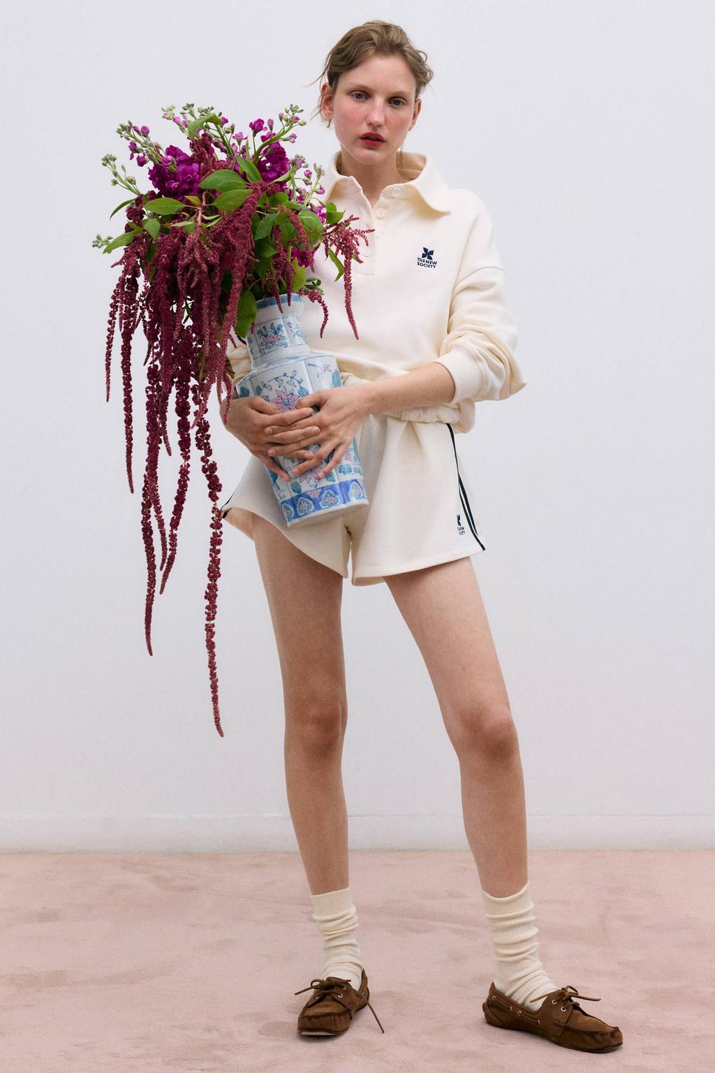 dames The New Society top van sweat materiaal met effen, lange mouwen en klassieke kraag
