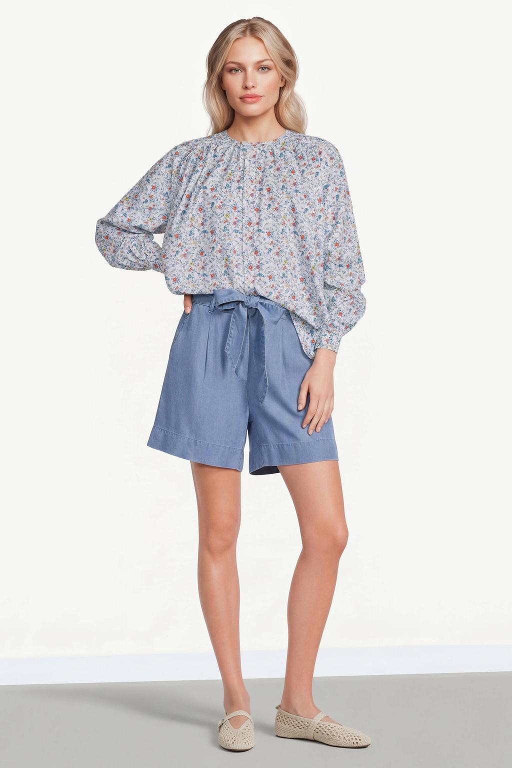 Lichtblauwe dames The New Society gebloemde blouse van katoen met lange mouwen, klassieke kraag en knoopsluiting