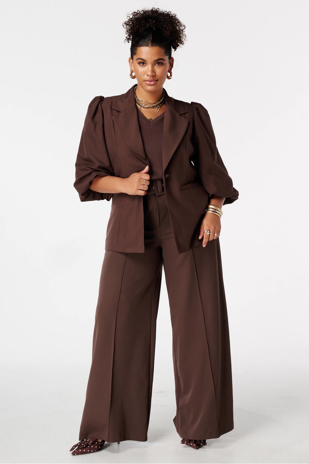 Bruine dames MS Mode regular blazer van polyester met effen, driekwart mouwen, klassieke kraag en knoopsluiting