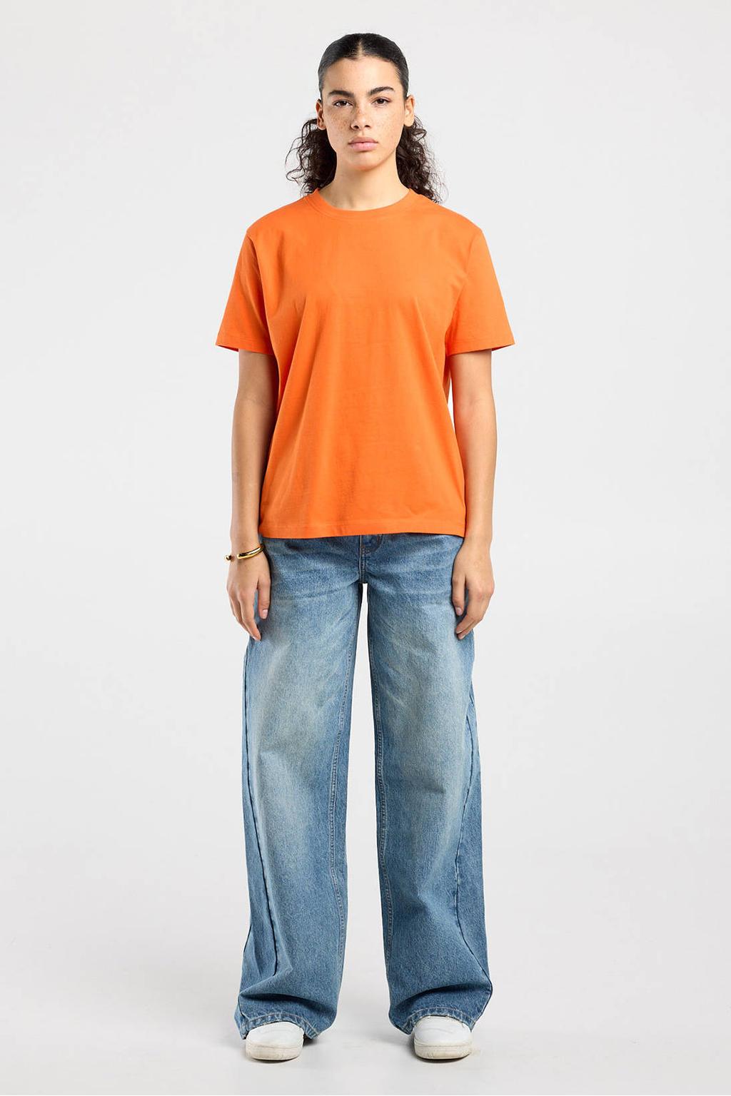 Oranje dames America Today T-shirt van katoen met effen, korte mouwen en ronde hals