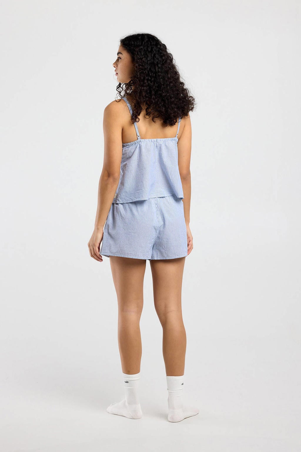 Blauw en witte dames America Today katoenen pyjamashort met elastische tailleband en strepenprint