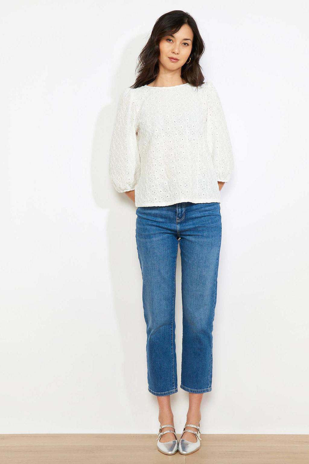 Ecru dames LOLALIZA top broderie van polyester met effen, driekwart mouwen en ronde hals