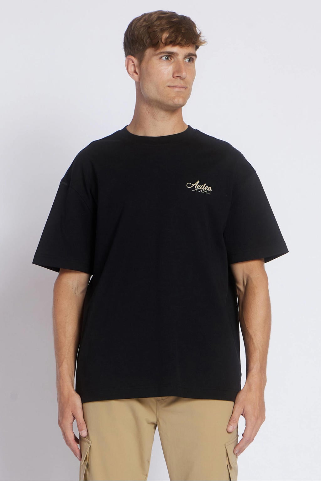 Zwarte heren Aeden oversized T-shirt van katoen met backprint, korte mouwen, ronde hals en borduursels