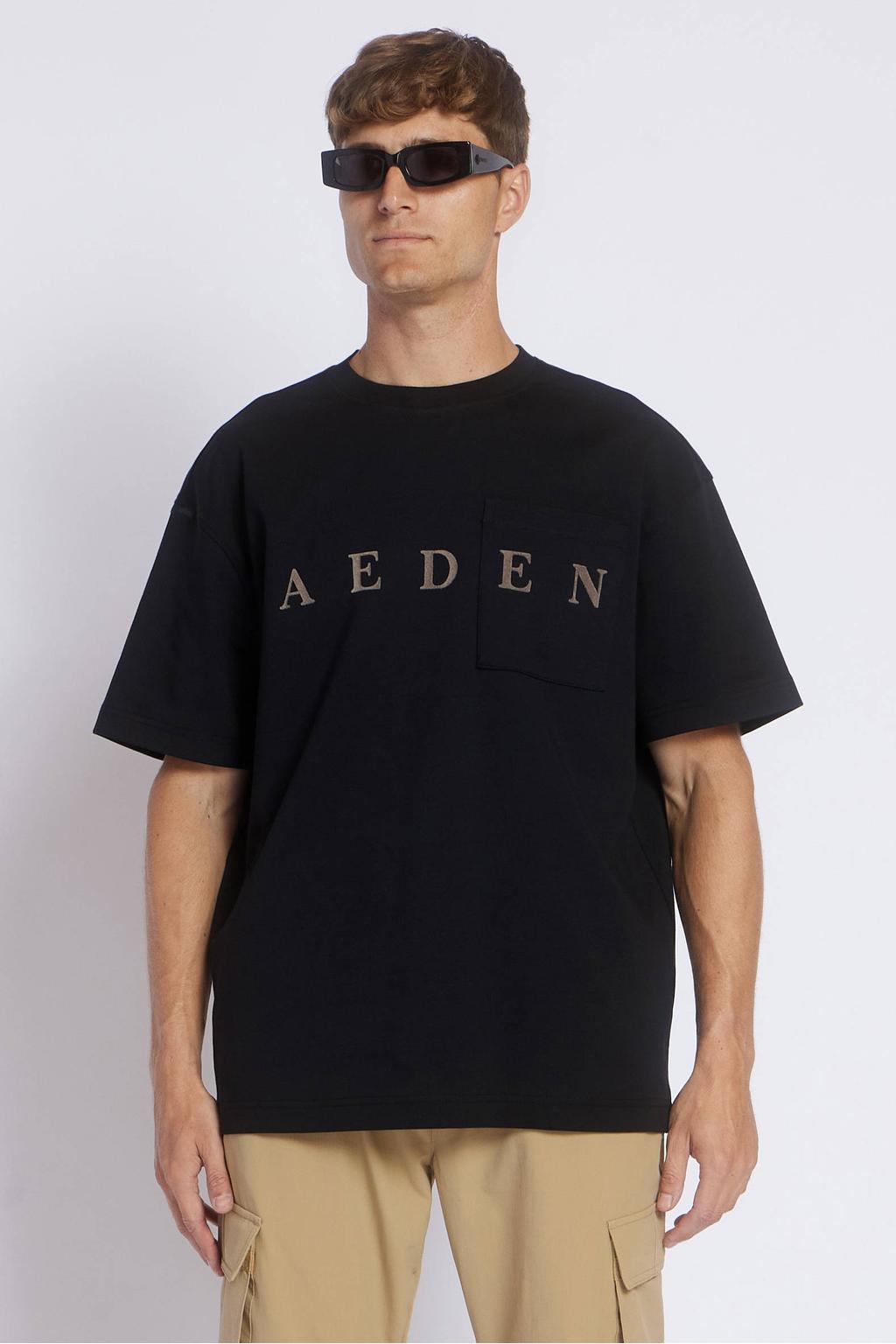 Zwarte heren Aeden oversized T-shirt van katoen met printopdruk, korte mouwen en ronde hals