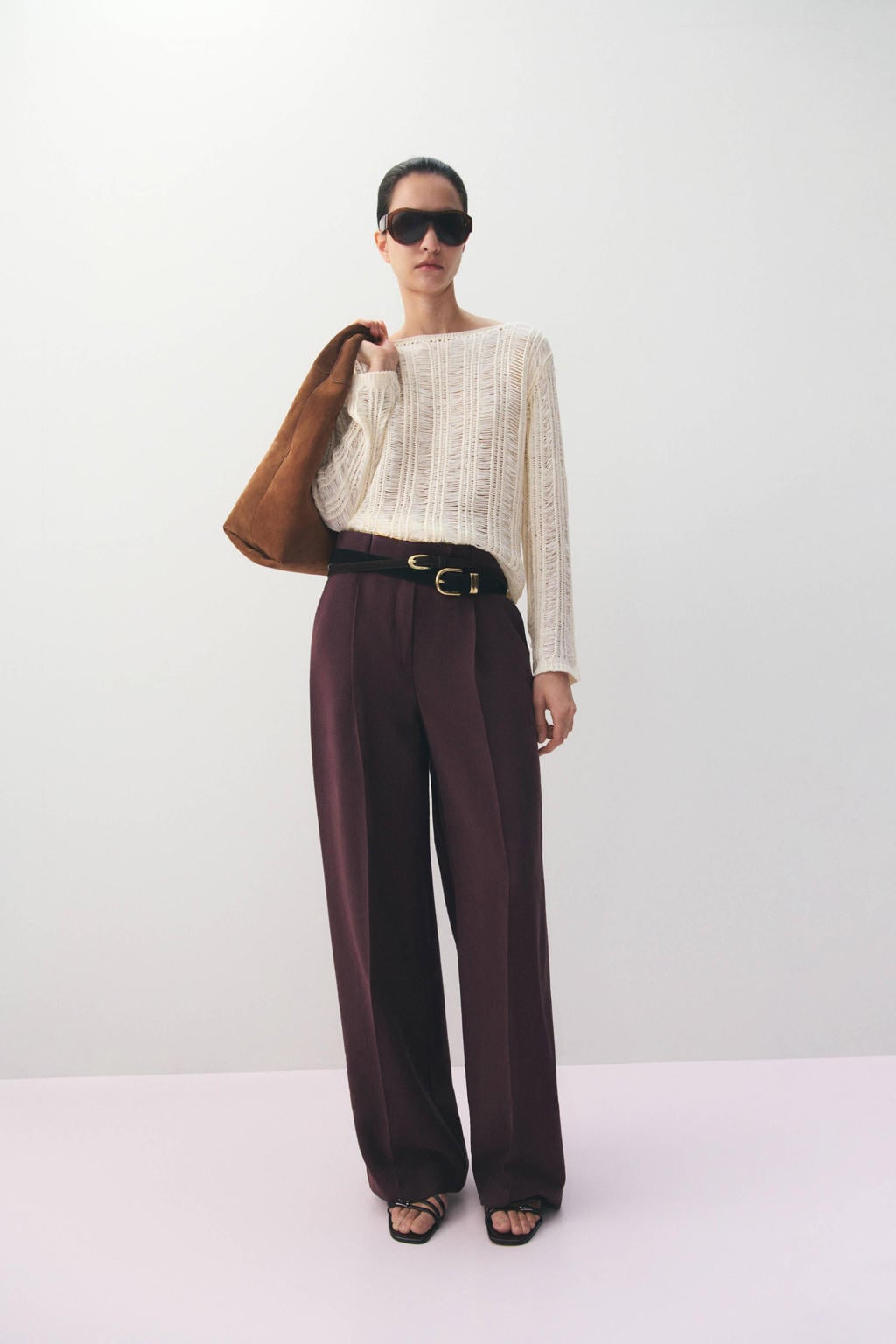 Donkerpaarse dames Mango wide leg low waist broek met rits, haak- en knoopsluiting en effen