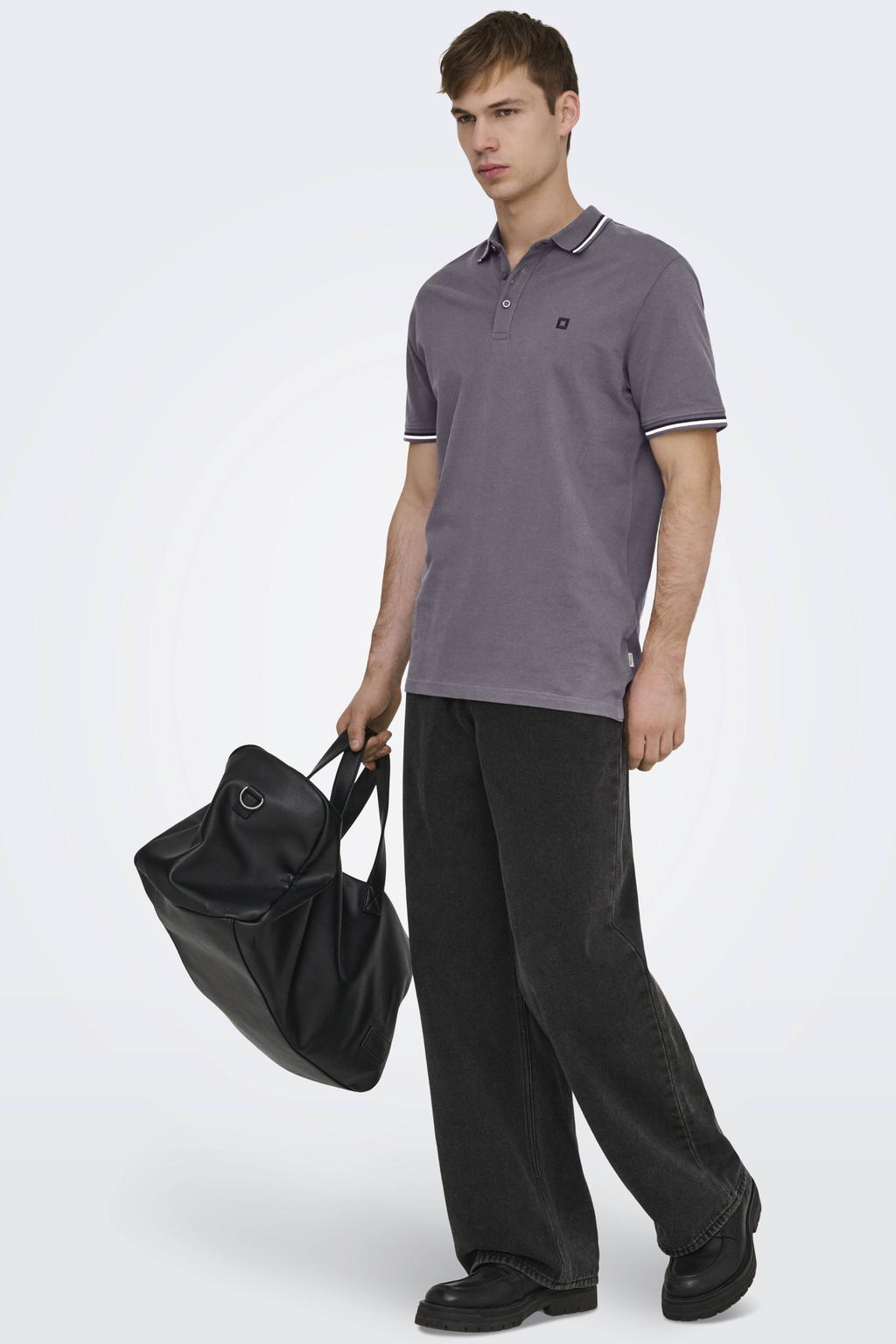 Grijze heren ONLY & SONS slim polo van katoen met effen, korte mouwen en pique