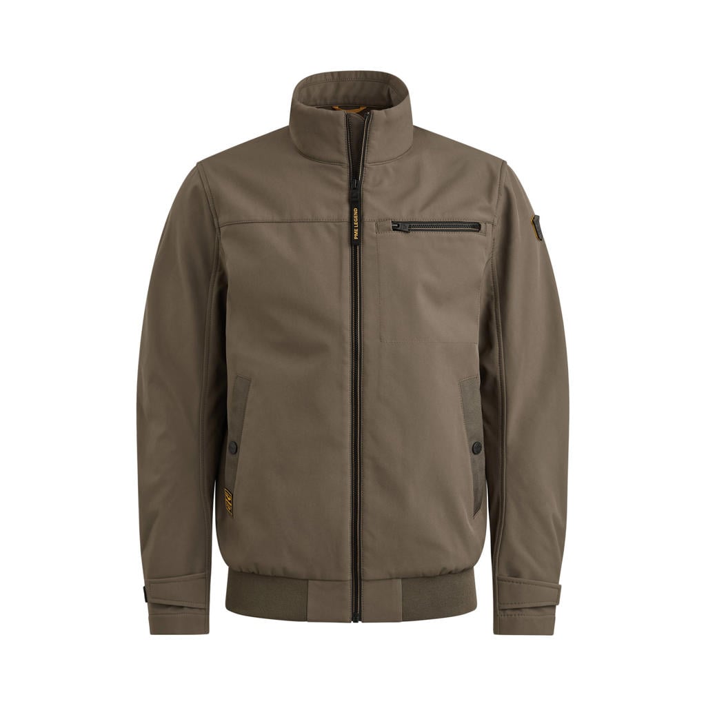 Kakikleurige heren PME Legend softshell van polyester met effen, lange mouwen, opstaande kraag, ritssluiting en elastische boord