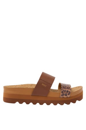 Cushion Vista leren slippers bruin/panter