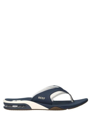 Fanning leren teenslippers blauw/ecru