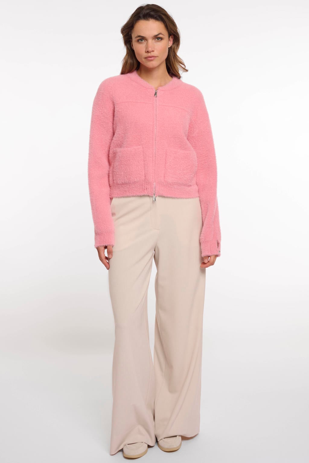 Roze dames Rino & Pelle gebreid vest van polyamide met effen, lange mouwen, ronde hals en ritssluiting