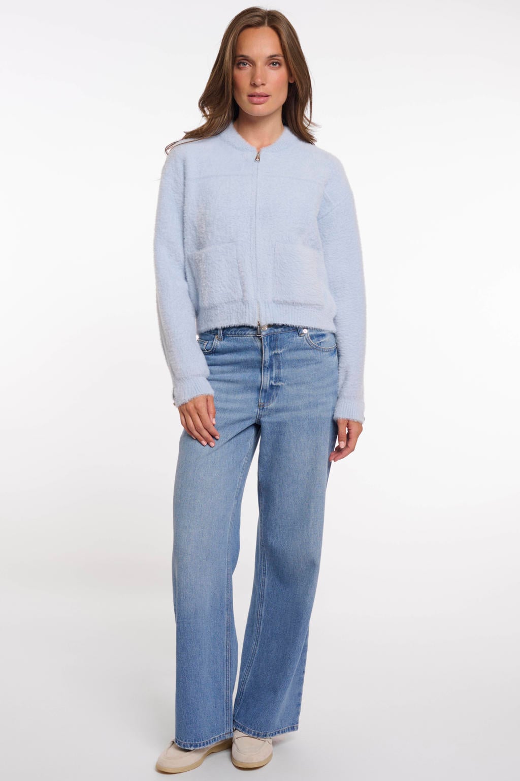 Blauwe dames Rino & Pelle gebreid vest van polyamide met effen, lange mouwen, ronde hals en ritssluiting