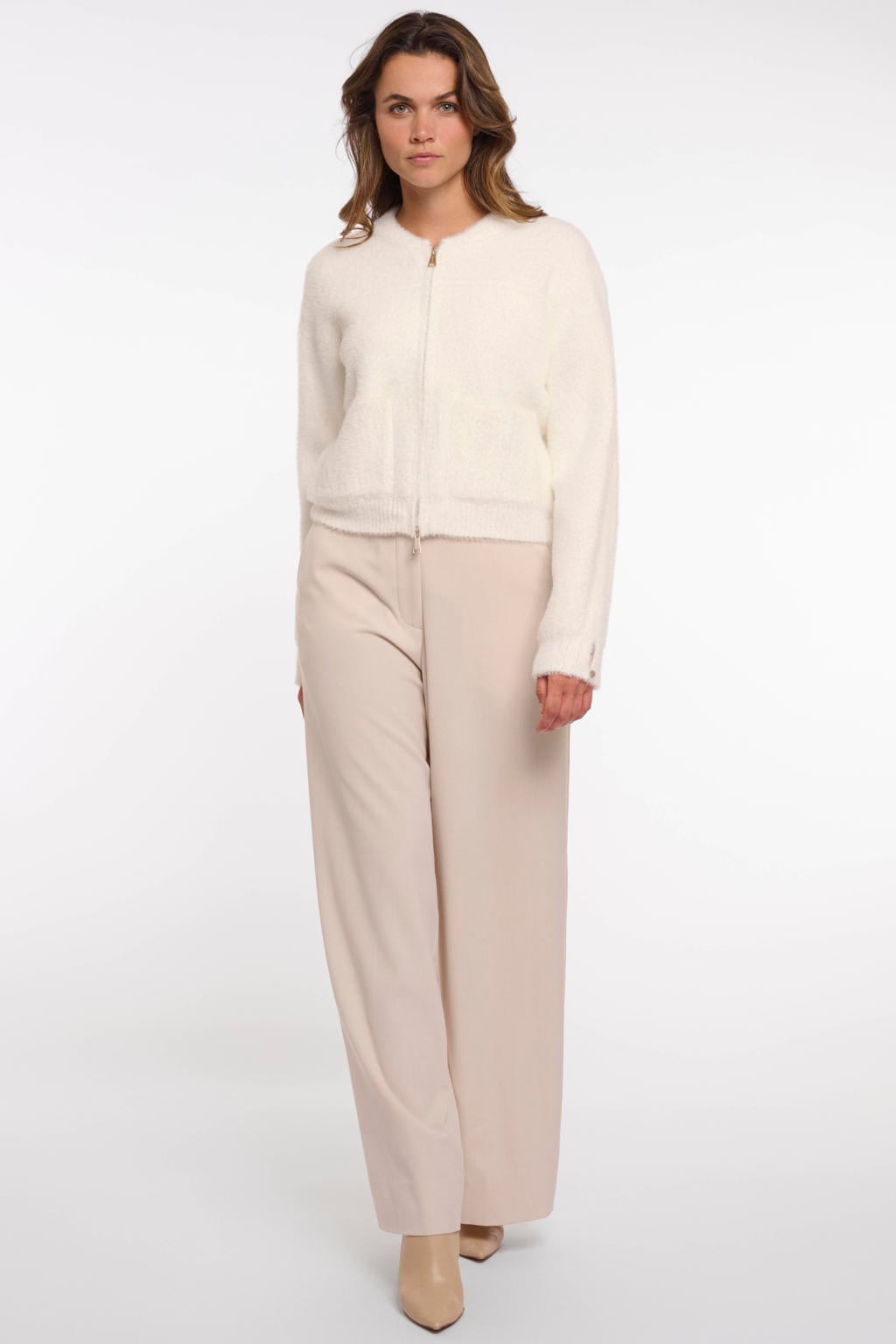 Witte dames Rino & Pelle gebreid vest van polyamide met effen, lange mouwen, ronde hals en ritssluiting