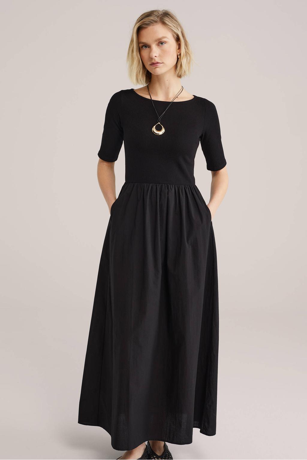 Zwarte dames WE Fashion A-lijn jurk van katoen met effen, korte mouwen, boothals en gebreide details