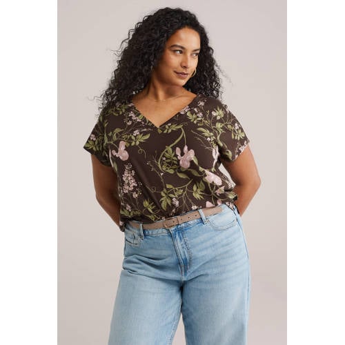 WE Fashion gebloemde T-shirt bruin afbeelding